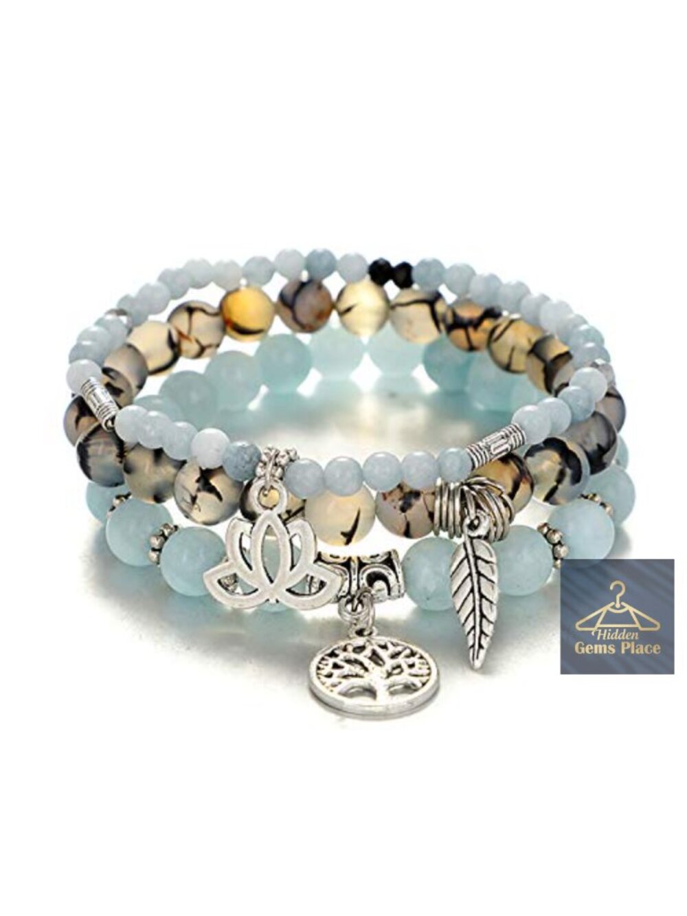 Tree of Life Yoga Healing Stone Stretch Bracelet Set